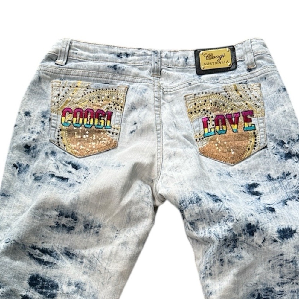 COOGI Australia Y2K Acid Wash Capri Jeans Rhinestone "Coogi Love"‎ Size 11/12